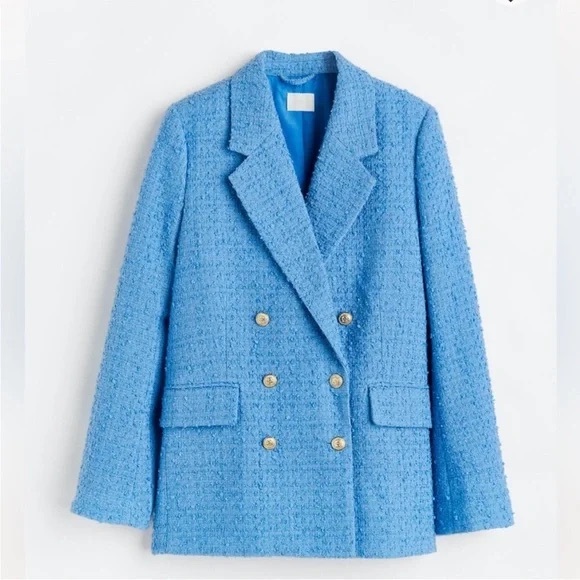 H&M Jackets & Blazers - NWT H&M Light Blue Tweed Double-Breasted Oversized Blazer Gold Buttons Size XS